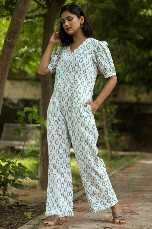 Sooti Syahi Rose Leaves Hand Block Printed Jumpsuit