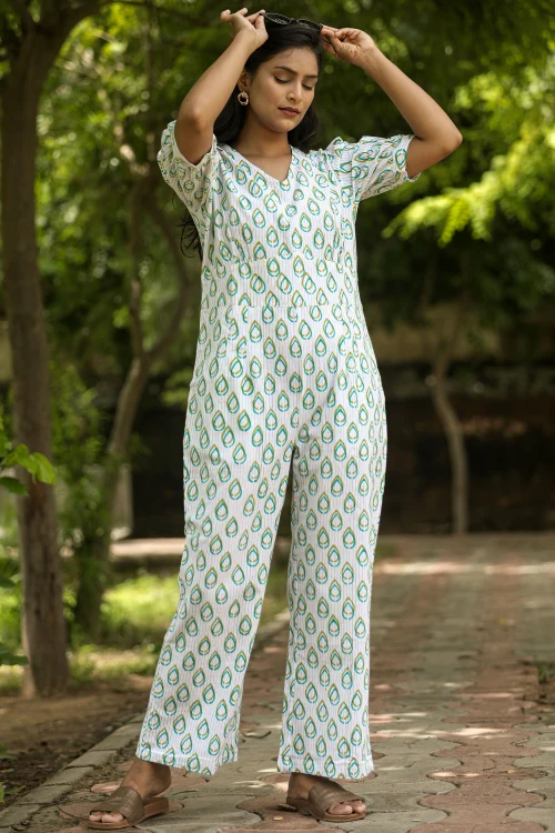 Sooti Syahi Rose Leaves Hand Block Printed Jumpsuit - Image 2