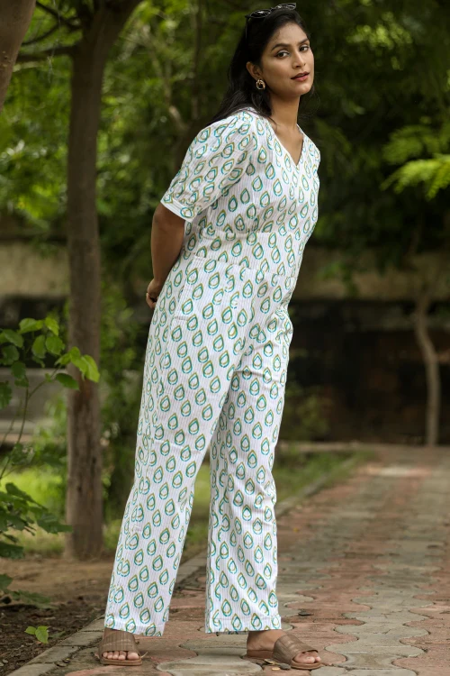 Sooti Syahi Rose Leaves Hand Block Printed Jumpsuit - Image 4