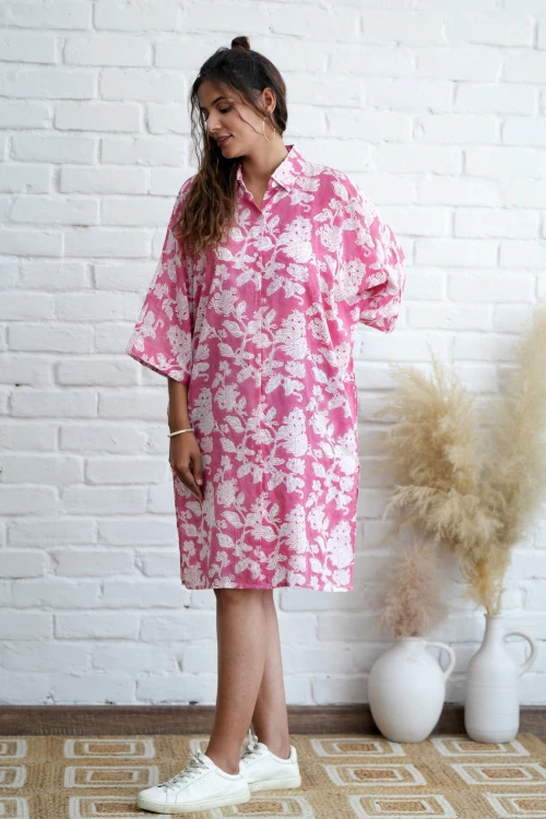 Sooti Syahi Rosella In Pink Hand Block Printed Oversize Shirt - Image 6