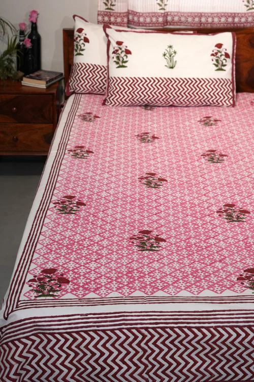 Sooti Syahi Rosy Dream Weaver Hand Block Printed Cotton Percale Bedsheet - Image 3