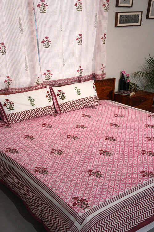Sooti Syahi Rosy Dream Weaver Hand Block Printed Cotton Percale Bedsheet - Image 4