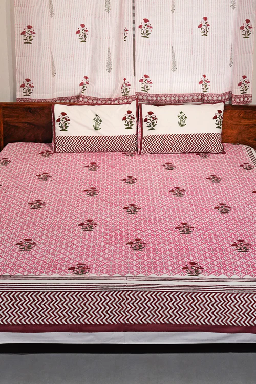 Sooti Syahi Rosy Dream Weaver Hand Block Printed Cotton Percale Bedsheet - Image 5
