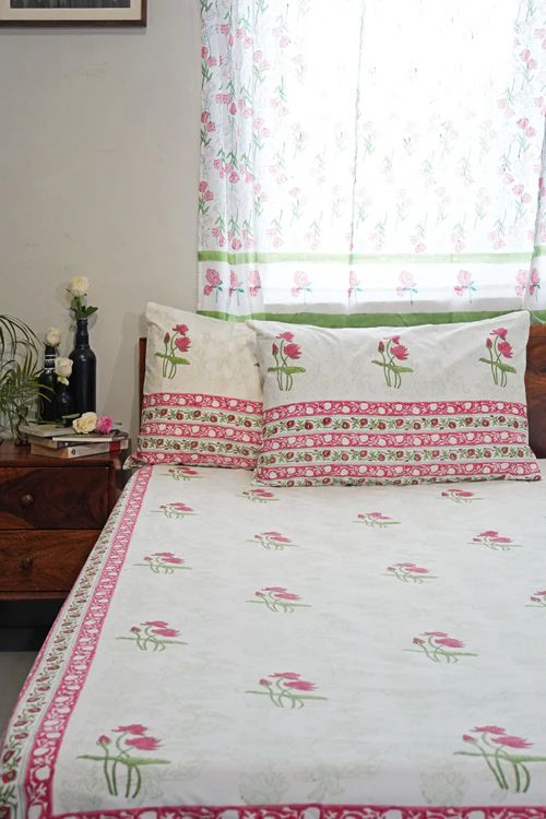 Sooti Syahi Rosy Meadow Hand Block Printed Cotton Percale Bedsheet - Image 2