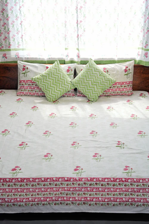 Sooti Syahi Rosy Meadow Hand Block Printed Cotton Percale Bedsheet - Image 3