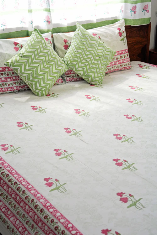 Sooti Syahi Rosy Meadow Hand Block Printed Cotton Percale Bedsheet - Image 4