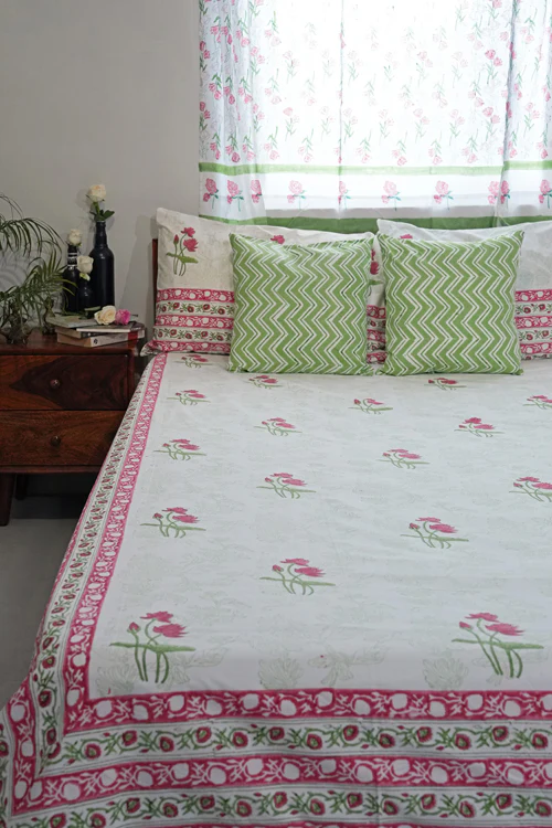 Sooti Syahi Rosy Meadow Hand Block Printed Cotton Percale Bedsheet - Image 5
