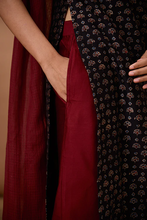 Okhai "Ruby Armour" Hand Embroidered Beadwork Handblock Printed Chanderi Silk Ajrakh Kurta Pant Set with Dupatta - Image 6