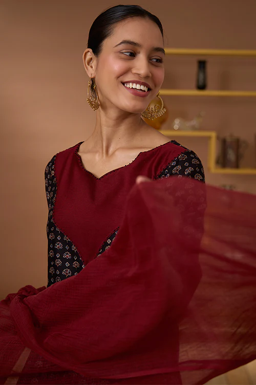 Okhai "Ruby Armour" Hand Embroidered Beadwork Handblock Printed Chanderi Silk Ajrakh Kurta Pant Set with Dupatta - Image 8