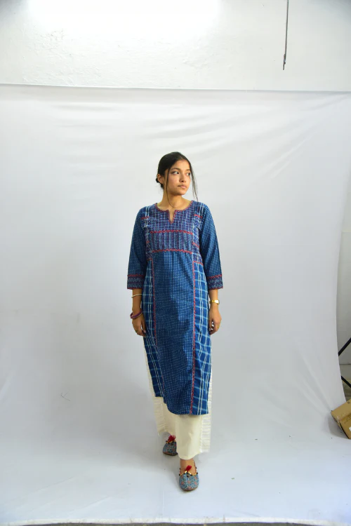 Sadhna ' Aabh' Blue - Tanka And Applique Work Long Cotton Kurta - Image 3
