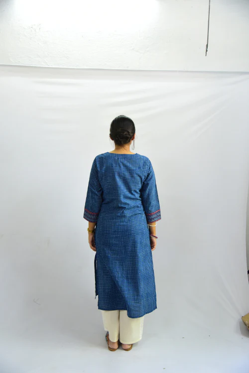 Sadhna ' Aabh' Blue - Tanka And Applique Work Long Cotton Kurta - Image 5