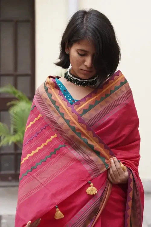 Sadhna"Pankhuri"Pink Cotton Applique Saree - Image 4