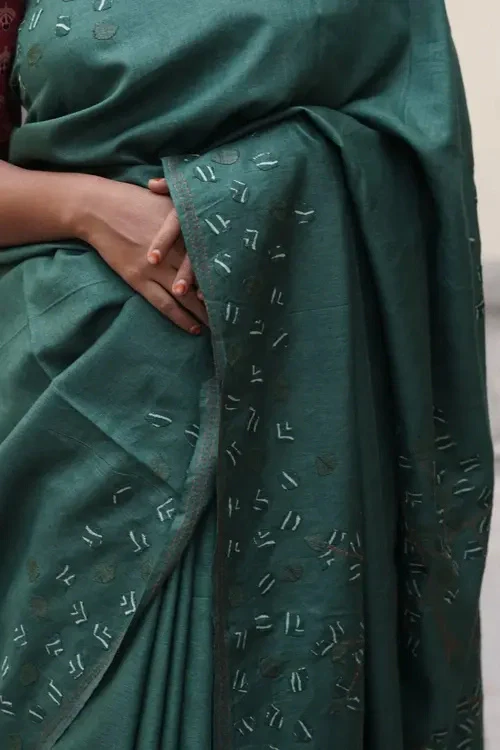 Sadhna"Tree Of Life Green"Teal Silk Applique Work Saree - Image 3