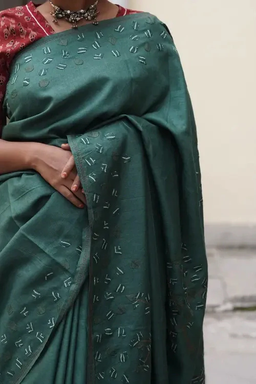 Sadhna"Tree Of Life Green"Teal Silk Applique Work Saree - Image 4