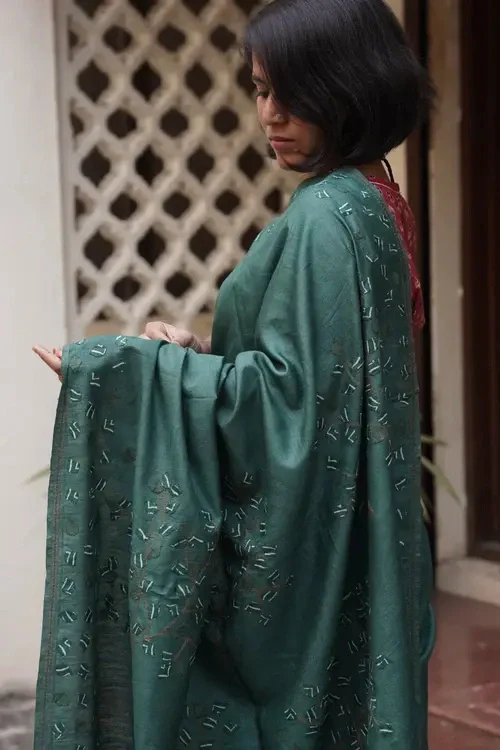 Sadhna"Tree Of Life Green"Teal Silk Applique Work Saree - Image 5
