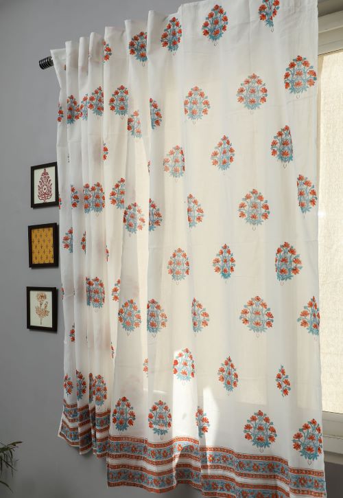 Sooti Syahi Saffron Daisy Hand Block Printed Window Curtain - Image 2