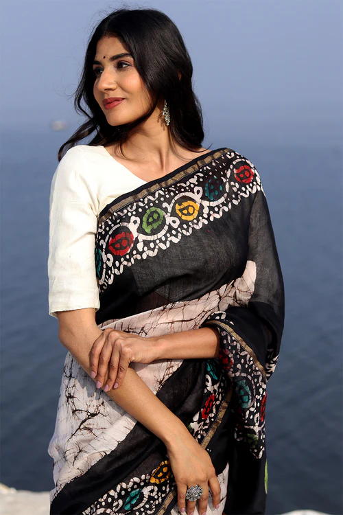 Sooti Syahi "Salt & Pepper" Batik Chanderi Saree - Image 2