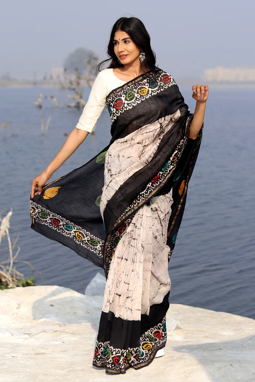Sooti Syahi "Salt & Pepper" Batik Chanderi Saree - Image 3
