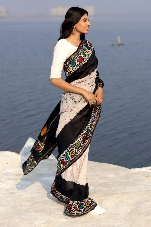 Sooti Syahi "Salt & Pepper" Batik Chanderi Saree - Image 4