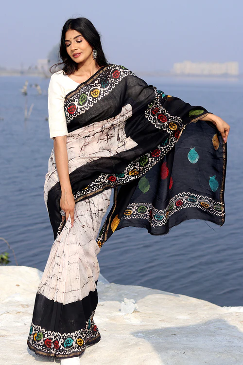 Sooti Syahi "Salt & Pepper" Batik Chanderi Saree - Image 5