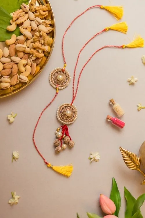 Samoolam Antique Pearl Crochet Rakhi & Lumba Set (Set Of 2) - Image 3