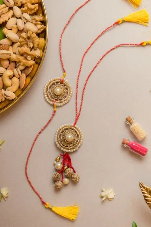 Samoolam Antique Pearl Crochet Rakhi & Lumba Set (Set Of 2) - Image 4