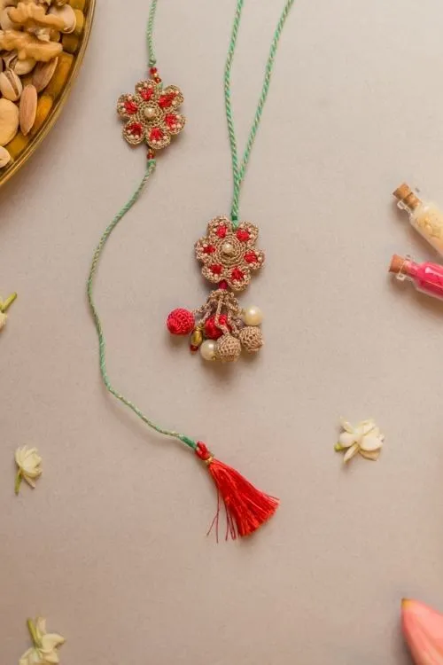 Samoolam Coral Red Crochet Rakhi & Lumba Set (Set Of 2) - Image 2