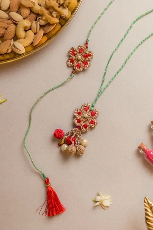 Samoolam Coral Red Crochet Rakhi & Lumba Set (Set Of 2) - Image 4