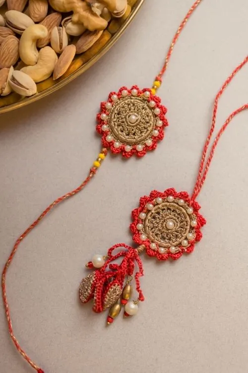 Samoolam Festive Red Crochet Rakhi & Lumba Set (Set Of 2) - Image 2