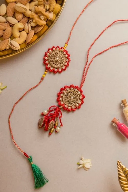 Samoolam Festive Red Crochet Rakhi & Lumba Set (Set Of 2) - Image 3