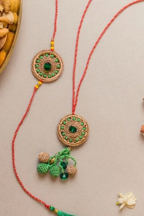 Samoolam Green Jewel Crochet Rakhi & Lumba Set (Set Of 2) - Image 2