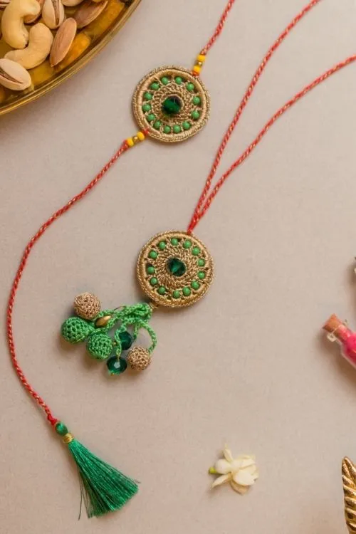 Samoolam Green Jewel Crochet Rakhi & Lumba Set (Set Of 2) - Image 3