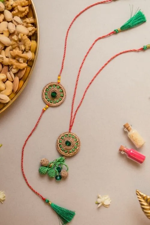 Samoolam Green Jewel Crochet Rakhi & Lumba Set (Set Of 2) - Image 4