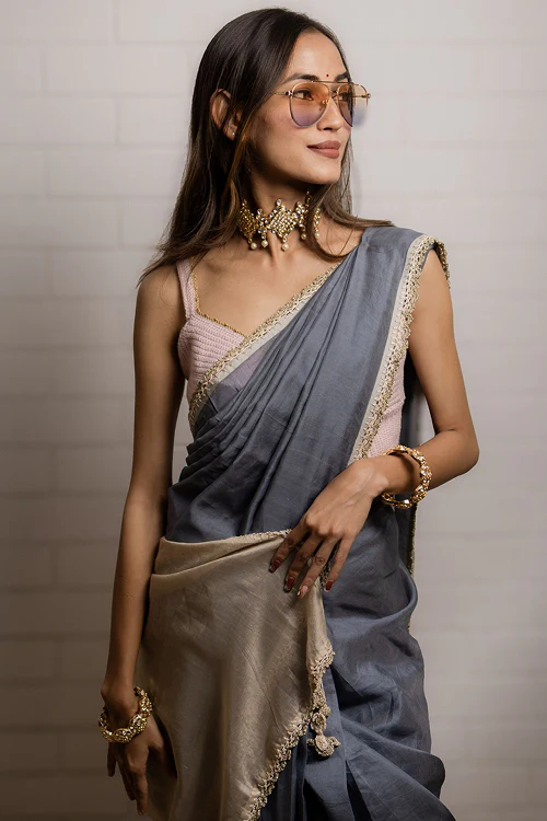 Samoolam Grey & Champagne Lavanya handwoven sarees - Image 10