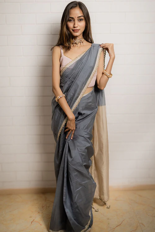Samoolam Grey & Champagne Lavanya handwoven sarees - Image 2