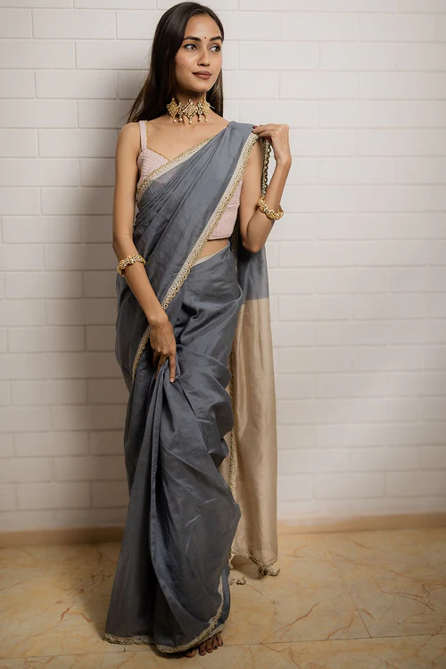 Samoolam Grey & Champagne Lavanya handwoven sarees - Image 5