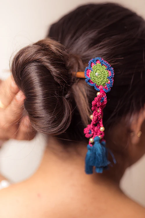 Samoolam Guncha Blue Red Daisy Bunch - Hairstick