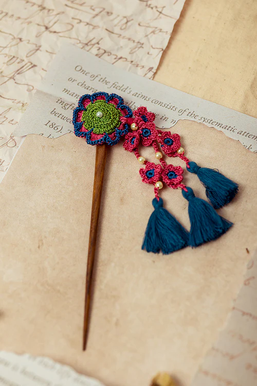 Samoolam Guncha Blue Red Daisy Bunch - Hairstick - Image 2