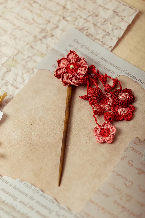 Samoolam Guncha Coral Red Aster Bunch - Hairstick - Image 4