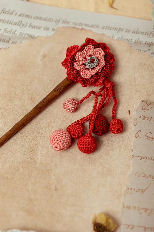 Samoolam Guncha Coral Red Dahlia Bunch - Hairstick - Image 2