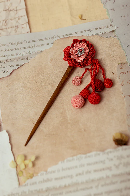 Samoolam Guncha Coral Red Dahlia Bunch - Hairstick - Image 4