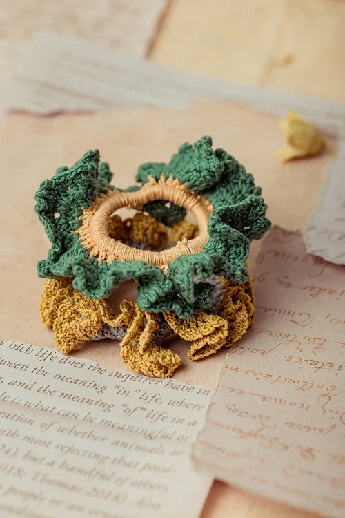 Samoolam Guncha Mustard Green Cluster Scrunchie (Set of 2) - Image 3