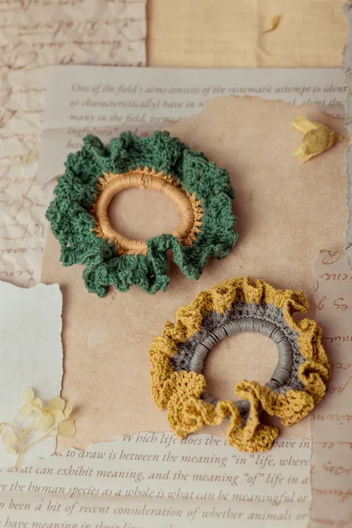 Samoolam Guncha Mustard Green Cluster Scrunchie (Set of 2) - Image 5