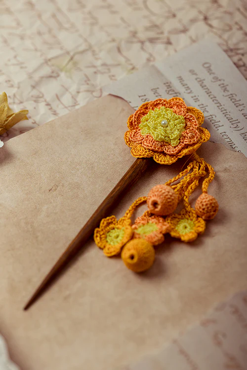 Samoolam Guncha Mustard Yellow Camelia Bunch - Hairstick - Image 4