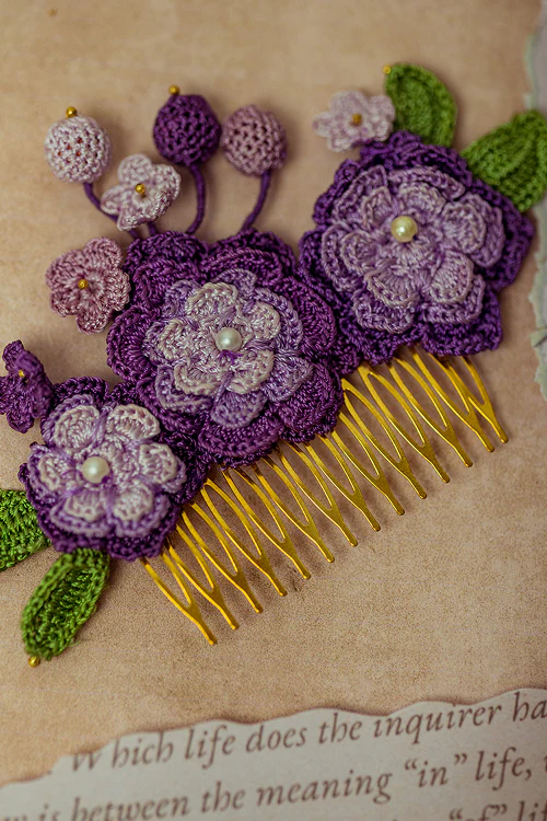 Samoolam Guncha Purple Zinnias - Hair Comb Pin - Image 3