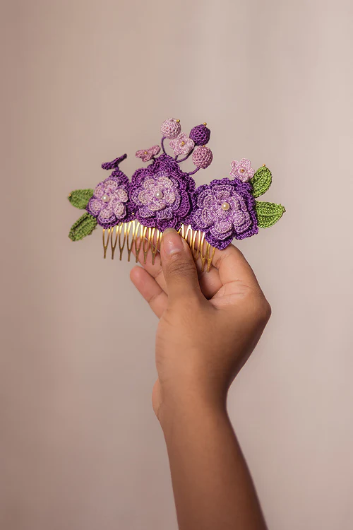 Samoolam Guncha Purple Zinnias - Hair Comb Pin - Image 4