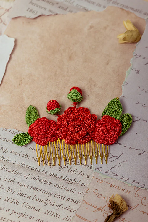 Samoolam Guncha Red Camelias - Hair Comb Pin - Image 3