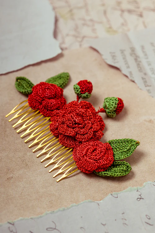Samoolam Guncha Red Camelias - Hair Comb Pin - Image 4