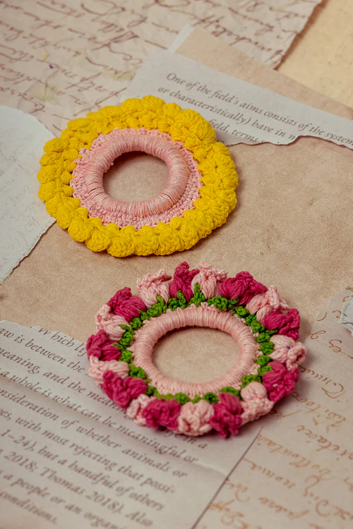 Samoolam Guncha Yellow Pink Foliage - Bloom Scrunchie (Set Of 2) - Image 2