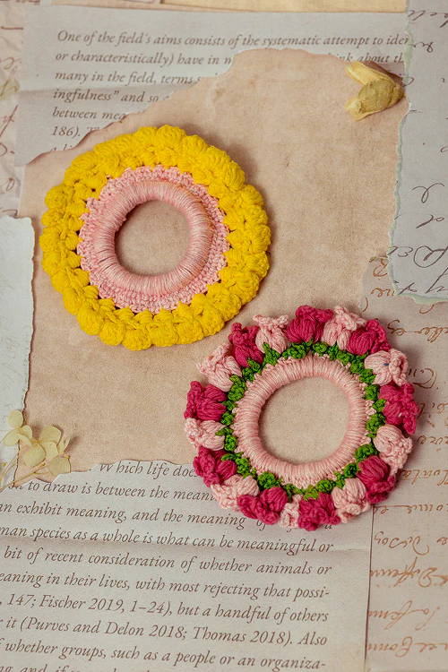 Samoolam Guncha Yellow Pink Foliage - Bloom Scrunchie (Set Of 2) - Image 3